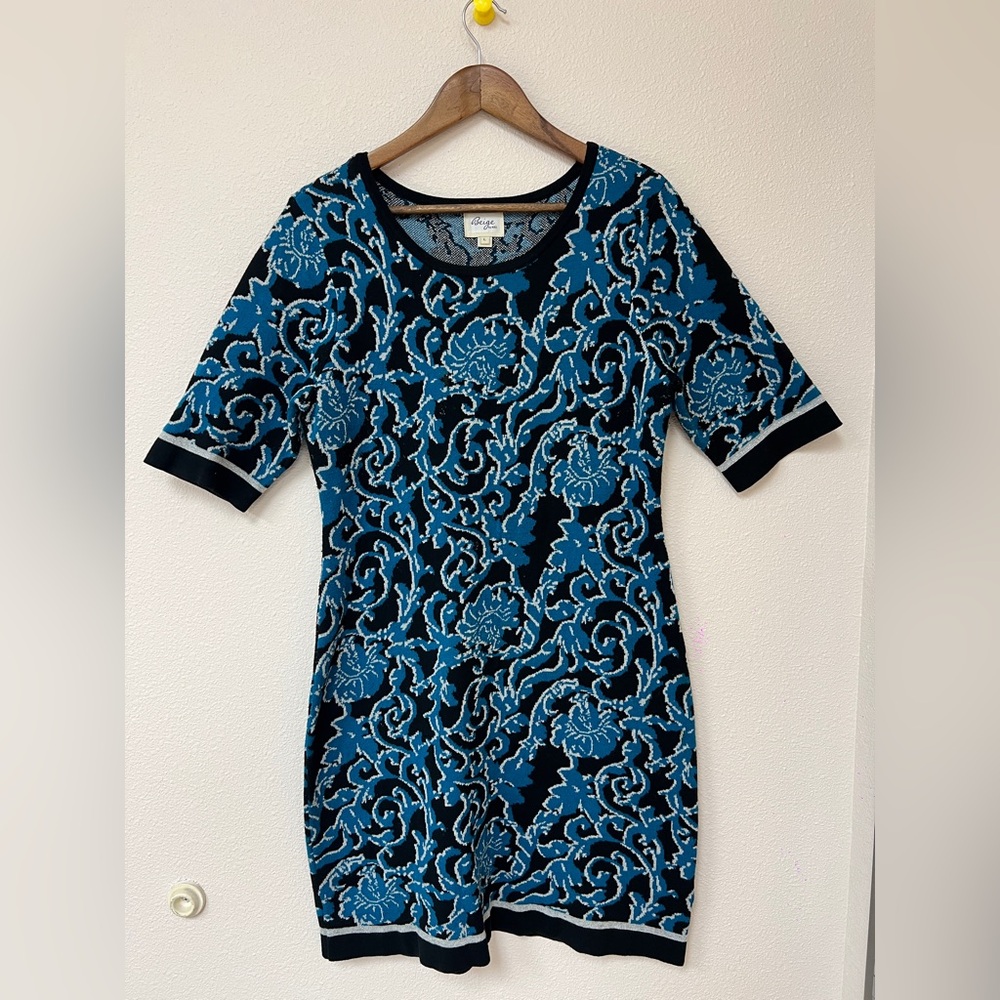 ECI Blue Black Beige Patterned Knit Top